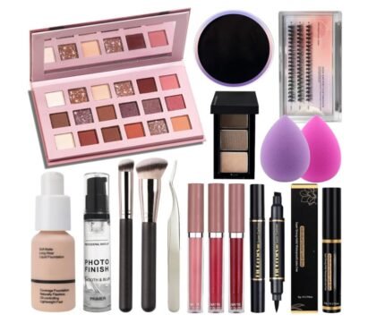 All In One Makeup Essential Starter Kit for Beginners or Pros, 18 Colors Naked Eyeshadow Palette Nude Face Primer, Brush, Sponge, Eyebrow Powder, Winged Eyeliner Stamp